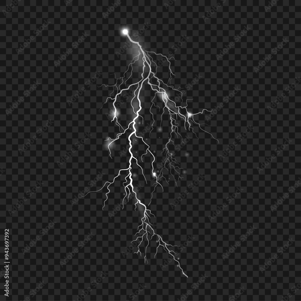 Poster lightning strike bolts, thunderbolts natural phenomena on transparent background. vector isolated re