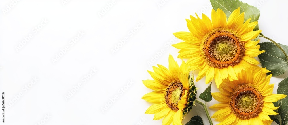 Poster Vivid summer mockup featuring sunflowers against a white background in close up. with copy space image. Place for adding text or design