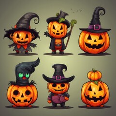 Colorful Halloween characters with quirky pumpkin heads celebrating in a whimsical setting