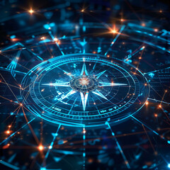 futuristic network of Digital and business transformation connected by graphs to a compass shown from birds eye view with front-lighting 