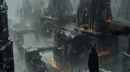 A lone figure in a futuristic city.