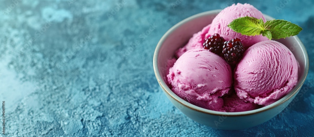Aufkleber Blueberry ice cream in a bowl on a blue stone surface. with copy space image. Place for adding text or design
