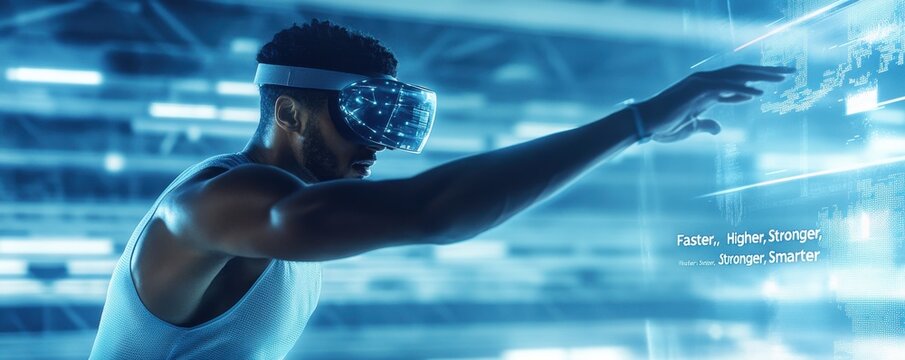Close-up of a gymnast balancing in a virtual reality environment with futuristic digital interface for training enhancement