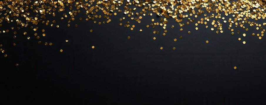 Elegant black backdrop adorned with shimmering gold confetti at the top, providing ample space for personalized text in the center, perfect for invitations or announcements.