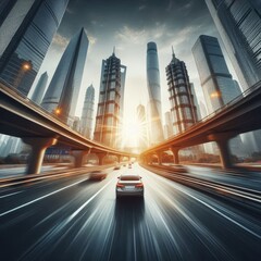 Obraz premium The point-of-view perspective from a driving car on a highway captures the sense of motion and travel 