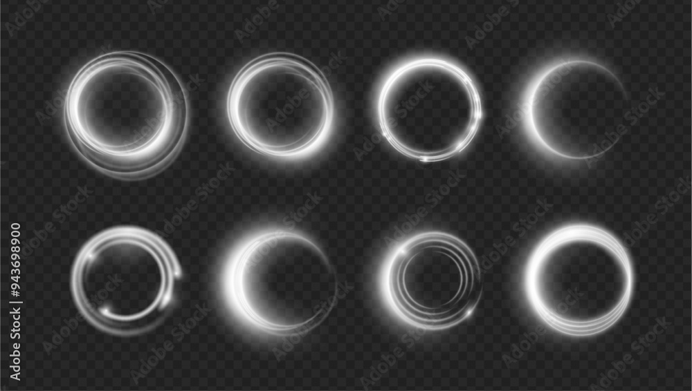 Poster light white twirl, isolated set of round semicircles. vector lines sparks and twinkles. lens glares 