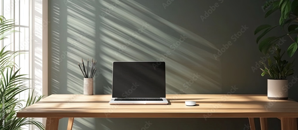 Poster a comfortable workspace in a home office features a wooden table with a modern laptop on it this rep