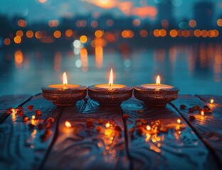 Hindu Diya Lamps Casting Soft Glows for Diwali The lights blur together