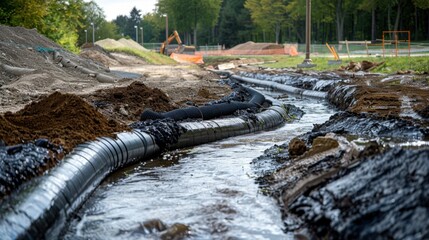 Detailed image of a stormwater management system under construction, emphasizing environmental civil projects