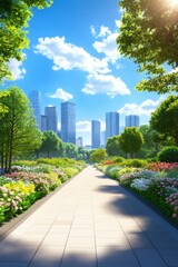 A vibrant spring day in an urban park with blooming flowers and city skyline under blue sky