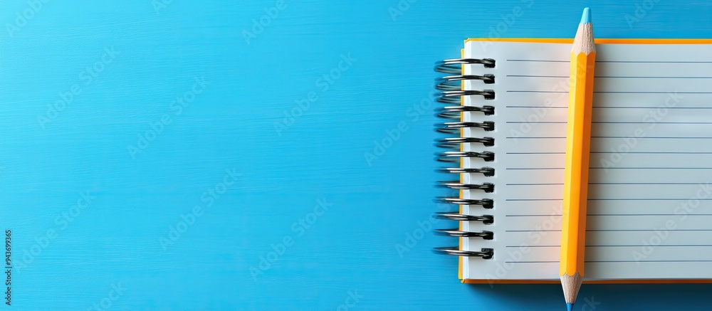 Poster Spiral notebook and pencil with an eraser on a blue isolated background Design concept featuring copy space for notes Blank page for business text School notepad from a top view Vertical photo