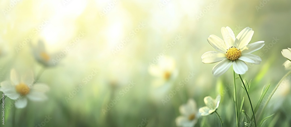 Fototapete blurred white daisy featuring yellow stamens and green grass under soft sunlight creating a textured