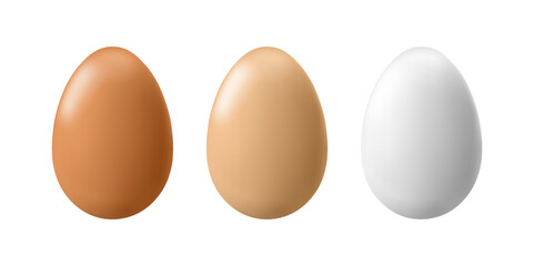 Eggs of different colors with whole shell. Vector isolated set of nutritious ingredients for food. Cooking or farming, groceries for making meal. Realistic chicken raw or boiled eggs shape