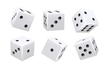 White dice set. Vector collection of dice sides with numbers. Lottery and gambling, luck. Graphic elements for website and creation of entertaining board games. Realistic icon for game design
