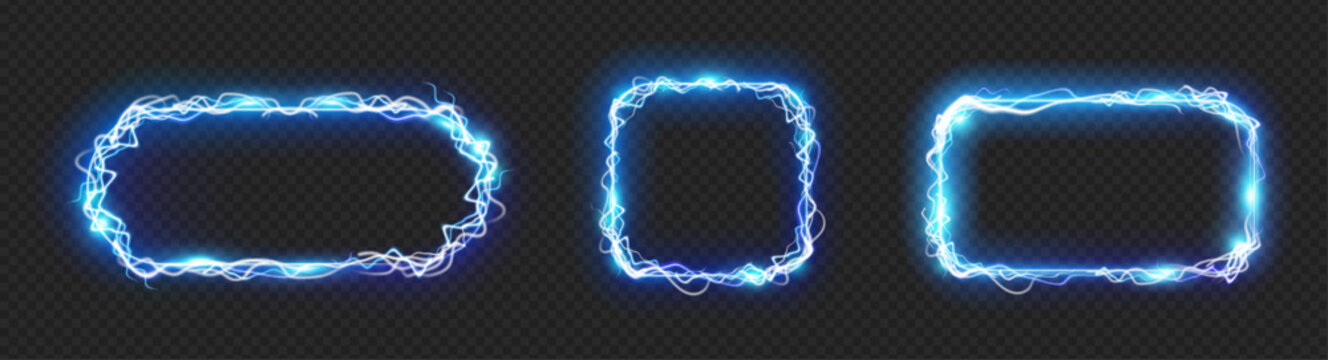 Geometric frame with lightning effect and electrical discharge glowing and sparkles. Vector isolated set of borders for banners, commercial or typography. Portals or magical energy entrance
