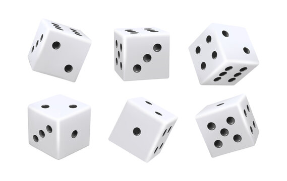 White dice set. Vector collection of dice sides with numbers. Lottery and gambling, luck. Graphic elements for website and creation of entertaining board games. Realistic icon for game design