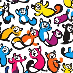 A colorful pattern featuring playful, cartoonish animals in various vibrant colors.