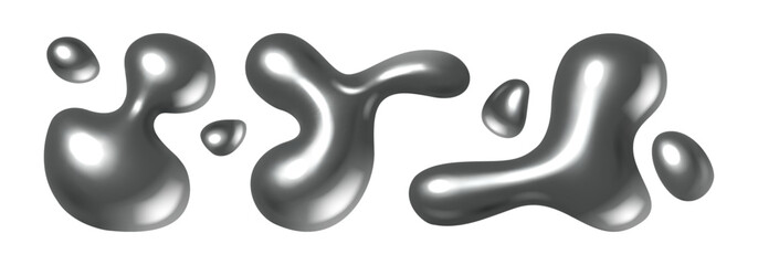 Chrome liquid metal realistic, silver spots isolated on white. Vector abstract metallic liquid shapes, modern glossy aluminium reflective steel figures. Glossy steel alloy droplets blobs