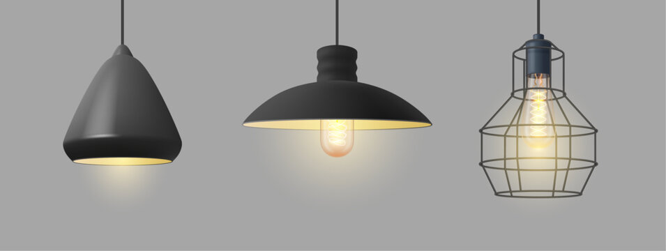 Lamp glowing realistic electric equipment, hanging lamps with metal net, vintage room decoration. Vector illustration of ceiling lamps, living rooms lighting equipment, glowing objects