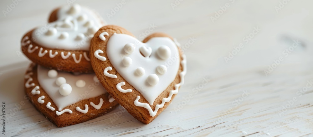Poster homemade heart shaped cookies on a white table valentine s day greeting card love theme top view. wi