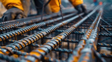 Detailed shot of steel rebar being tied together on a construction site, representing structural integrity