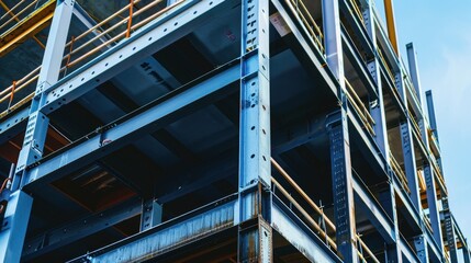 Obraz premium Detailed shot of structural steel beams being assembled on a high-rise building, representing civil engineering precision