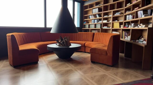 library room with fireplace. round orange sofa. bookshelves