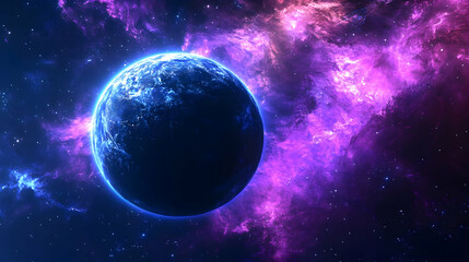 A lone planet glows blue against a backdrop of a purple nebula.