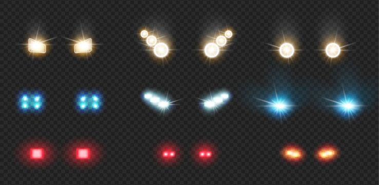 Automotive led lights flares with realistic effect. Vector isolated set of headlights bars front rear car views glowing in darkness. Spotlight from headlamp from transport in night time