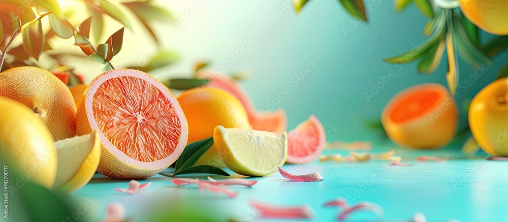 Poster Various citrus fruits on a colorful background. with copy space image. Place for adding text or design