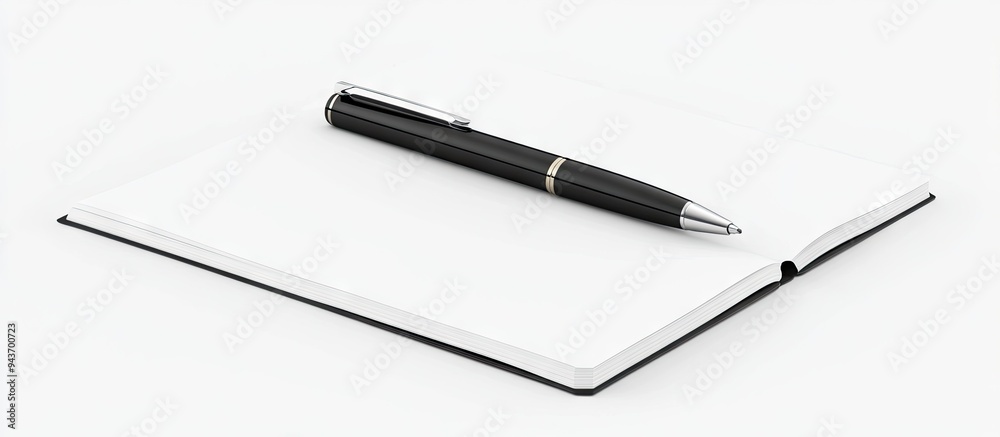 Poster The pen is placed on a blank notebook. with copy space image. Place for adding text or design