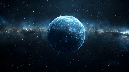 Obraz premium A lone planet glows with an icy blue light, orbiting in a dark space with a band of shimmering stars.
