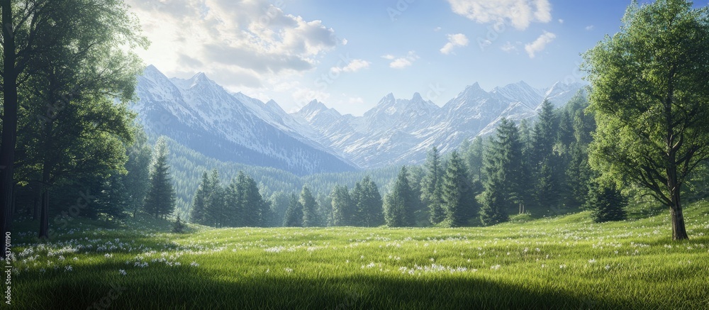 Fototapete A grassy area with trees and mountains in the distance. with copy space image. Place for adding text or design