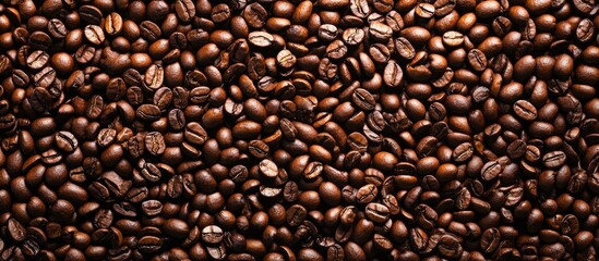 Fototapeta premium Top view of coffee beans Background featuring roasted coffee beans Coffee texture Copyspace for designers