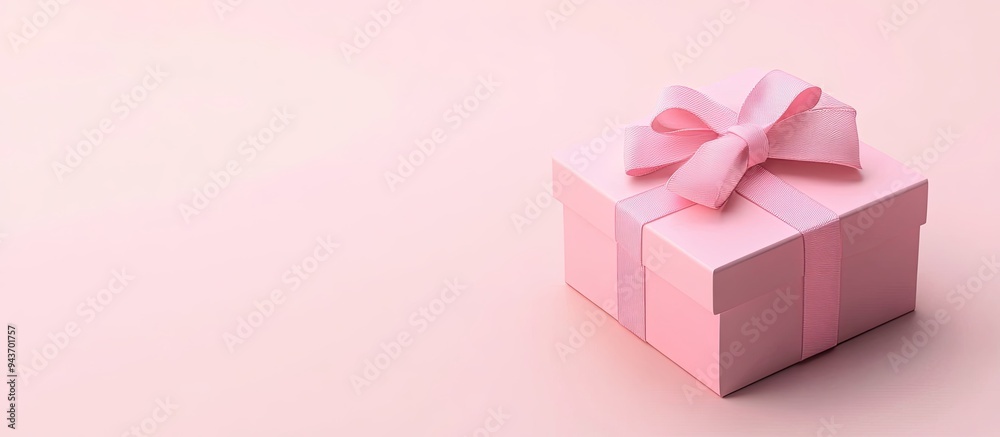 Poster Pink gift box tied with a bow on a light background. with copy space image. Place for adding text or design