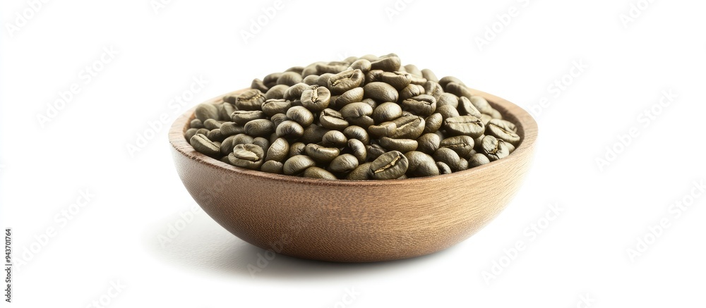 Poster bowl containing green coffee beans on a white background. with copy space image. place for adding te