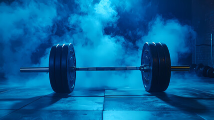 A heavy barbell rests on gym floor, surrounded by dramatic blue smoke, evoking sense of strength and determination.