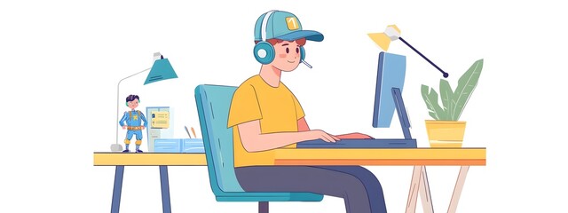 A young male programmer is sitting at his desk. He has headphones on, and the computer screen shows code