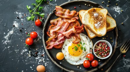 Flat lay of a breakfast platter with eggs, bacon, and toast on a dark rustic surface