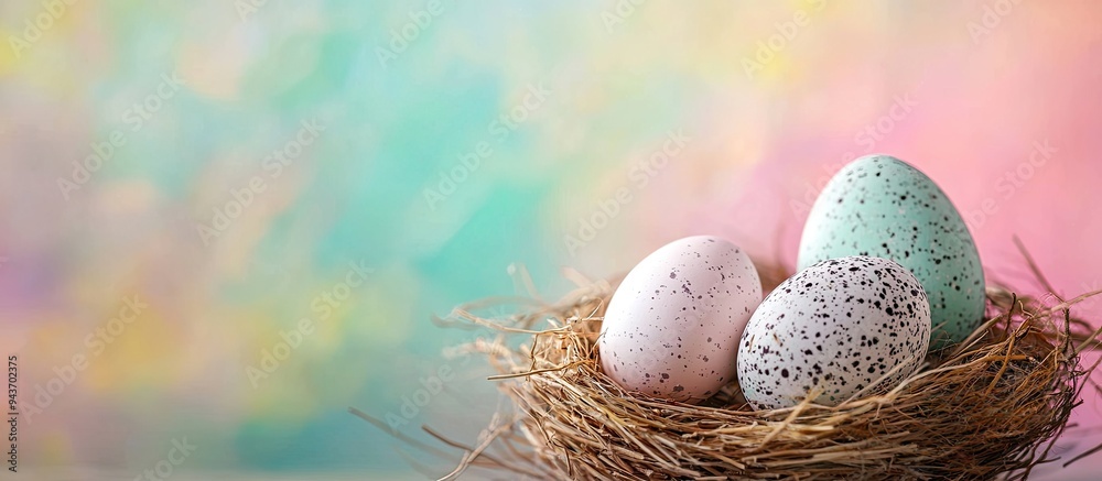 Aufkleber Nest with lovely Easter eggs on a colorful background. with copy space image. Place for adding text or design