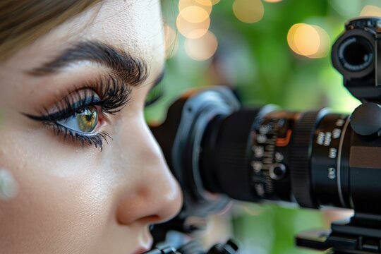 Close-Up of Woman Using Professional Camera with Lush Green Background