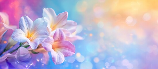 Fototapeta premium Beautiful freesia flowers on a colorful background. with copy space image. Place for adding text or design