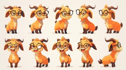 Naklejka premium A cute cartoon goat character with glasses in various poses and expressions.