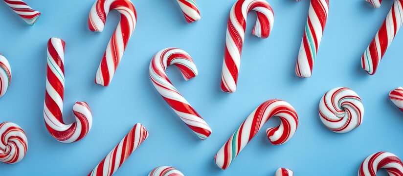 Sweet candy canes on a blue background Flat lay Top view. with copy space image. Place for adding text or design