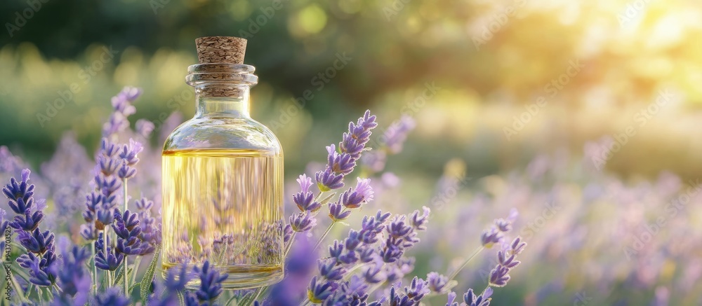 Aufkleber lavender oil in a glass bottle set against a backdrop of fresh flowers aromatherapy. with copy space