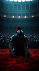 A defeated warrior kneels in a dramatic arena, surrounded by an audience, symbolizing strength and resilience in ancient battles.