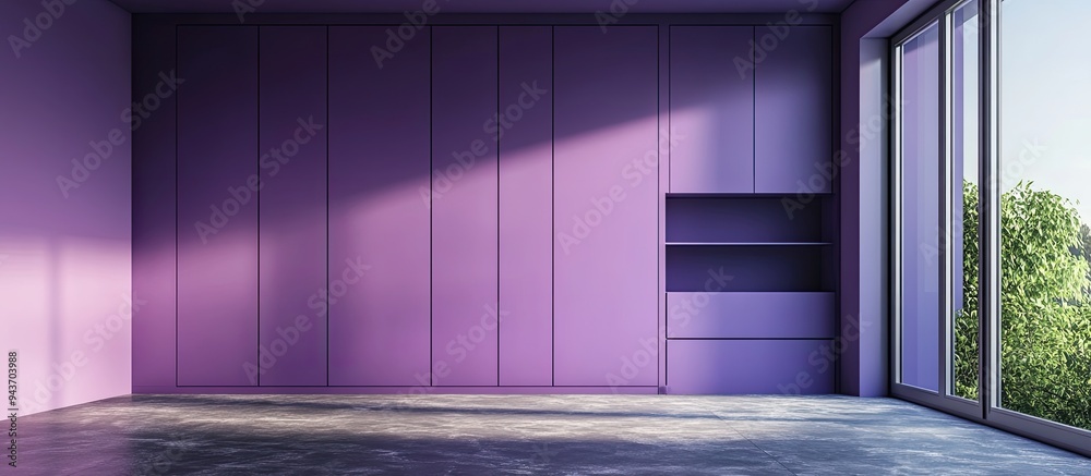 Poster empty room featuring purple painted walls a stoneware floor a built in wardrobe with painted doors a