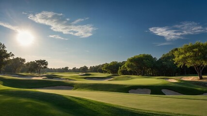 A beautiful golf course landscape under a sunny sky, featuring lush greens and sand traps, perfect for outdoor enthusiasts.
