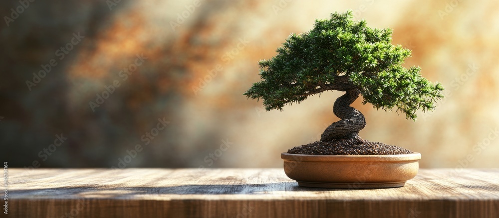 Poster bonsai chamaecyparis pisifera squarrosa dumosa positioned on a wooden table. with copy space image. 