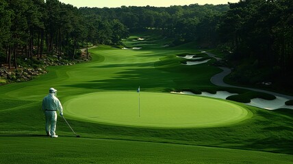 Fototapeta premium A golfer prepares to putt on a lush green course surrounded by trees, capturing the essence of a serene golfing experience.